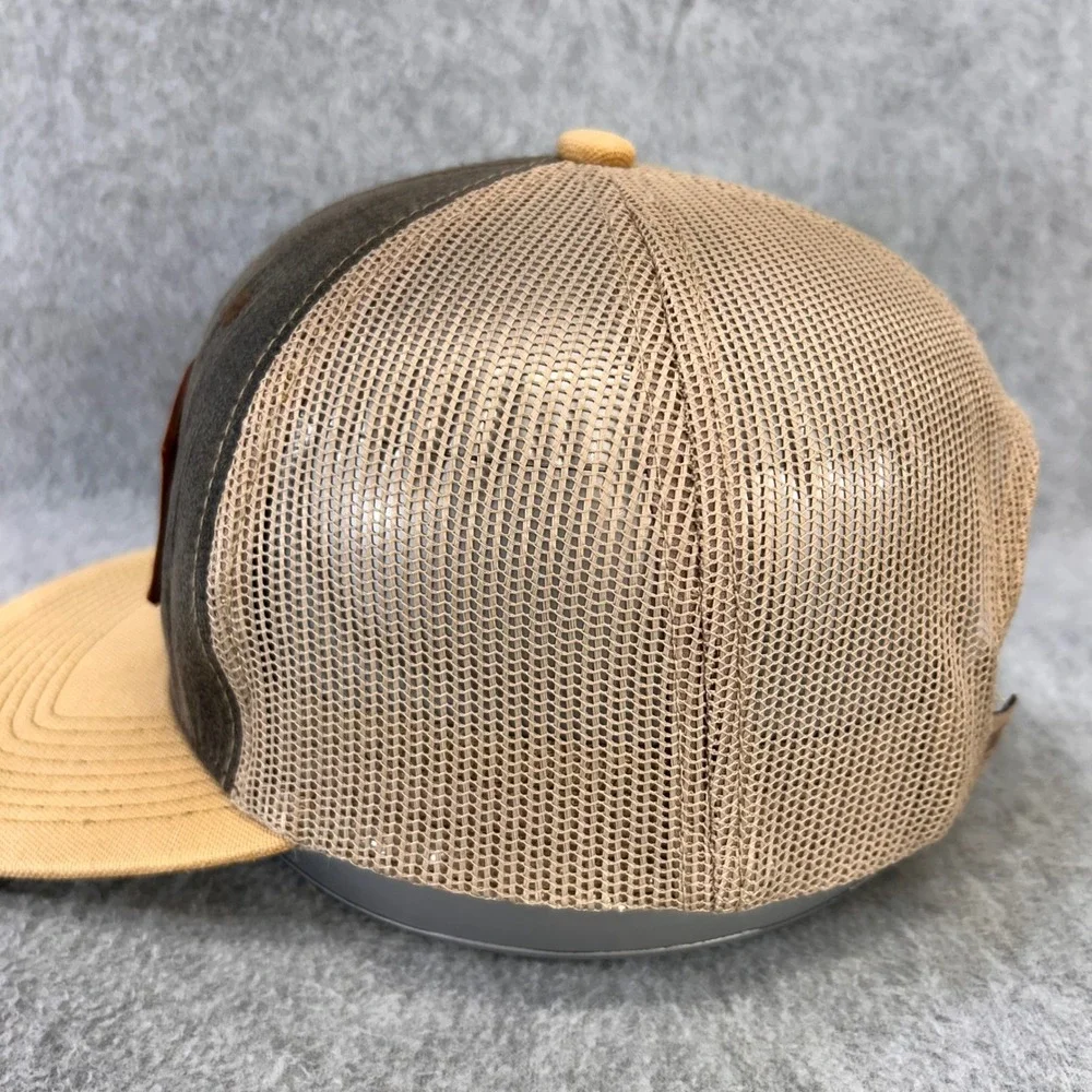 Hook Line‎ & Sinker Leather Patch Mens Brown Tan Outdoor Cap Trucker Hat OSFM